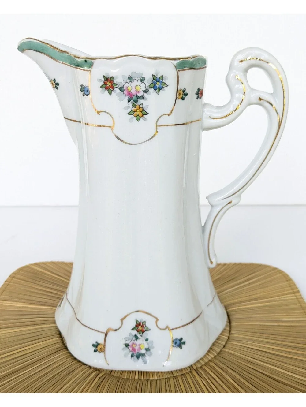 Cottage, Shabby Chic Chocolate Pot Pitcher, Made in Japan, Floral & Gold